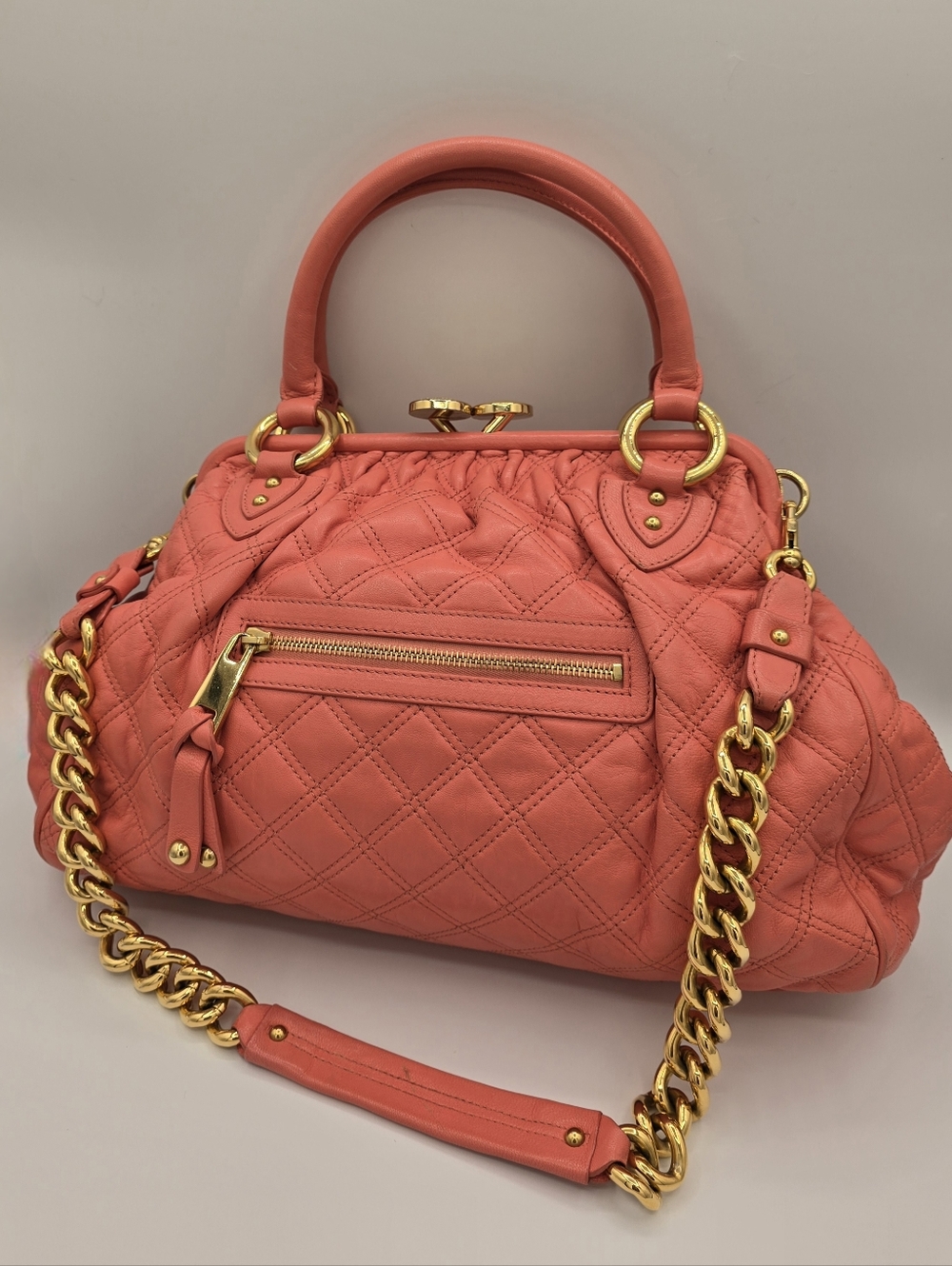 Marc Jacobs Stam Quilted Flamingo Leather Top-Handle Satchel with Gold Chain